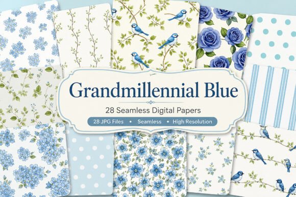 Download Grandmillennial Blue Seamless Paper - Premium Bundle