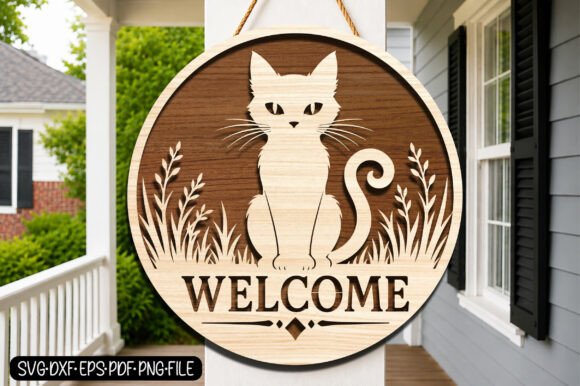 Download Cat Welcome Door Hanger SVG Laser Cut - Welcome door hanger Collection